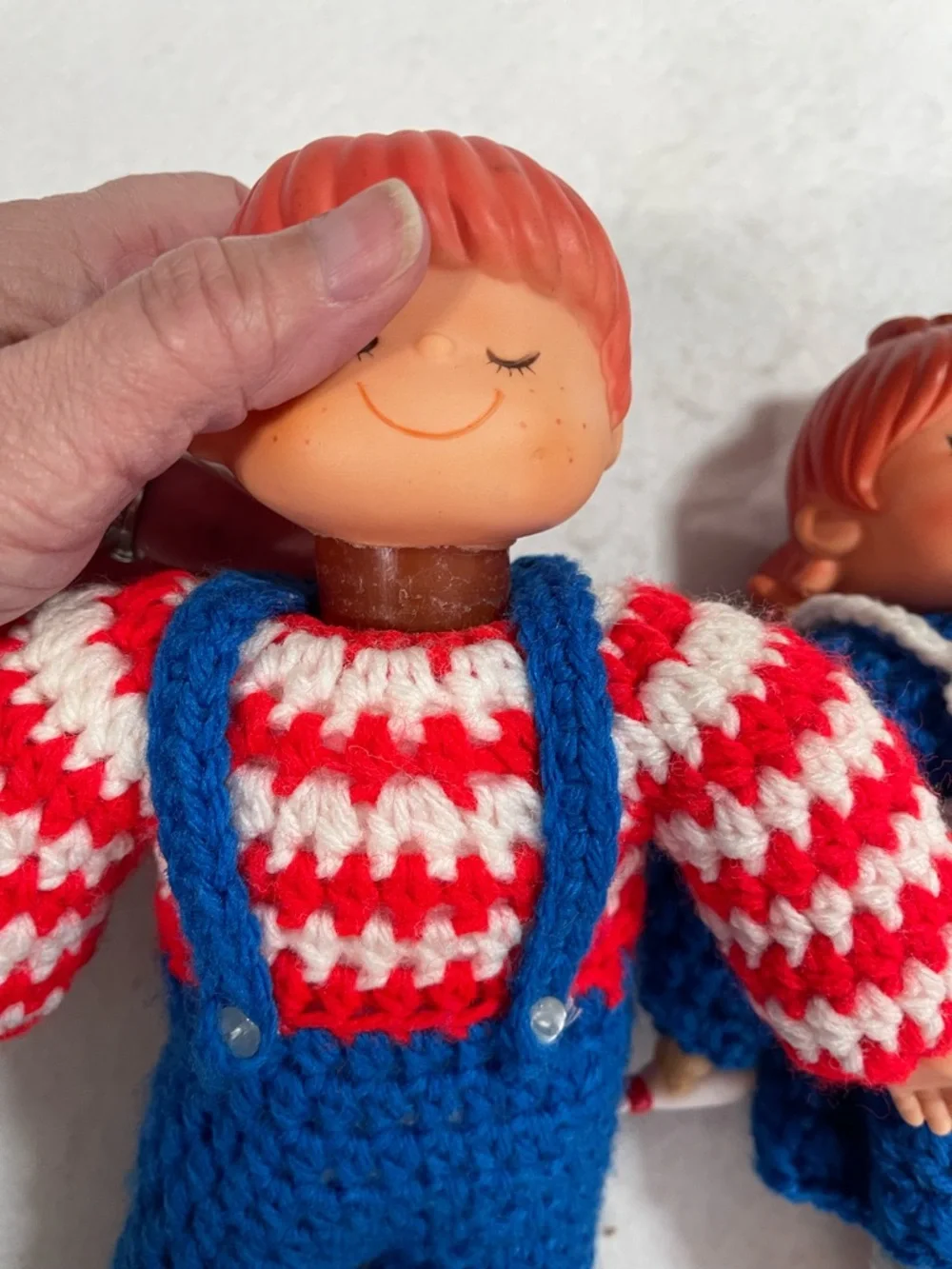 Handmade‎ Blue & Red Crochet Doll with plastic head and hands